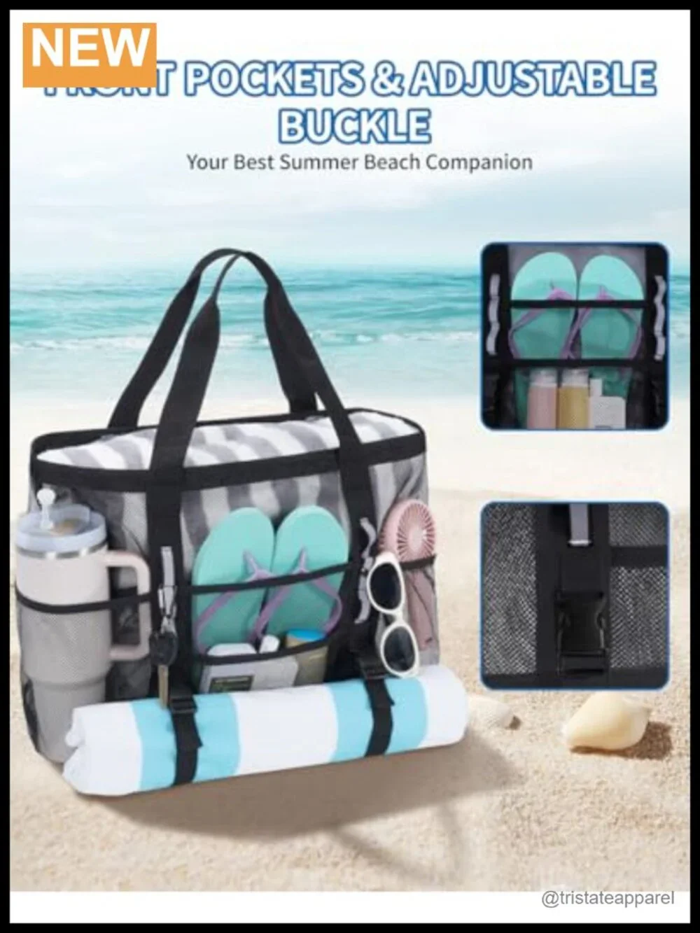 Mesh Beach Bag with 40oz Tumbler Pockets, Wet Pocket, Sandproof, Large Tote for